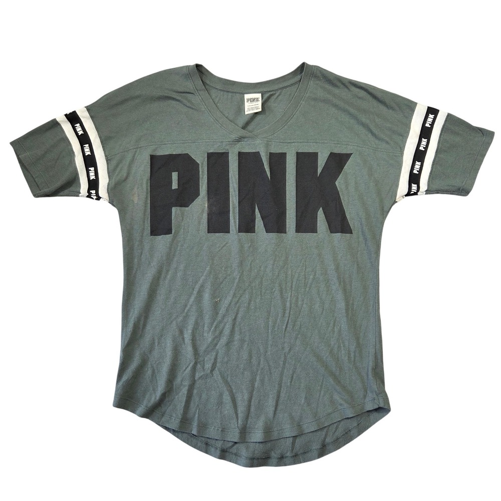 PINK Victoria's Secret Womens Small Green V-Neck Varsity Graphic Jersey T-Shirt